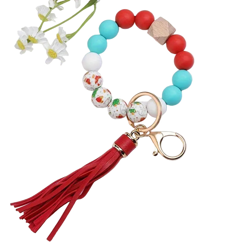 Hemasa Colorful Silicone Tassel Bracelet Keychain /Wood Beads Christmas Theme Party Favor Jewelry Accessory Versatile Gift