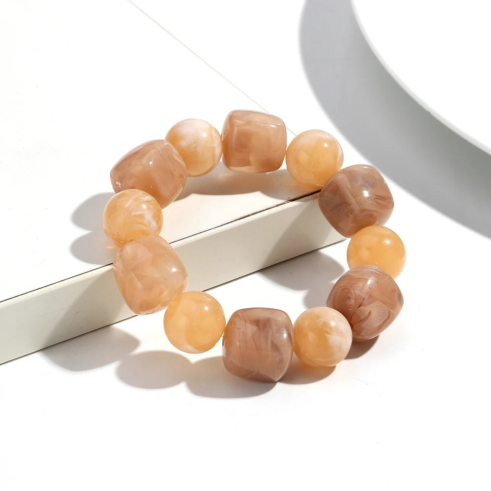 Bohemian Acrylic Geometric Square Round Beads Elastic Bracelets for Women Trendy Resin Beaded Stackable Bracelet Bangle Jewelry