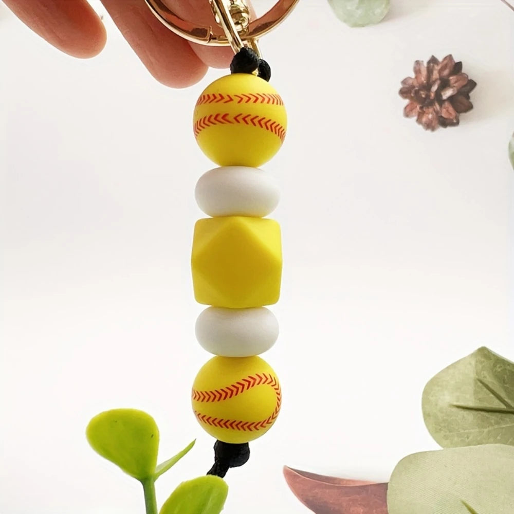 LOFCA Basketball Football Silicone Beaded Keychain Handmade Wood Beads Keychain Charm Backpack  Pendant  Accessories Keyring