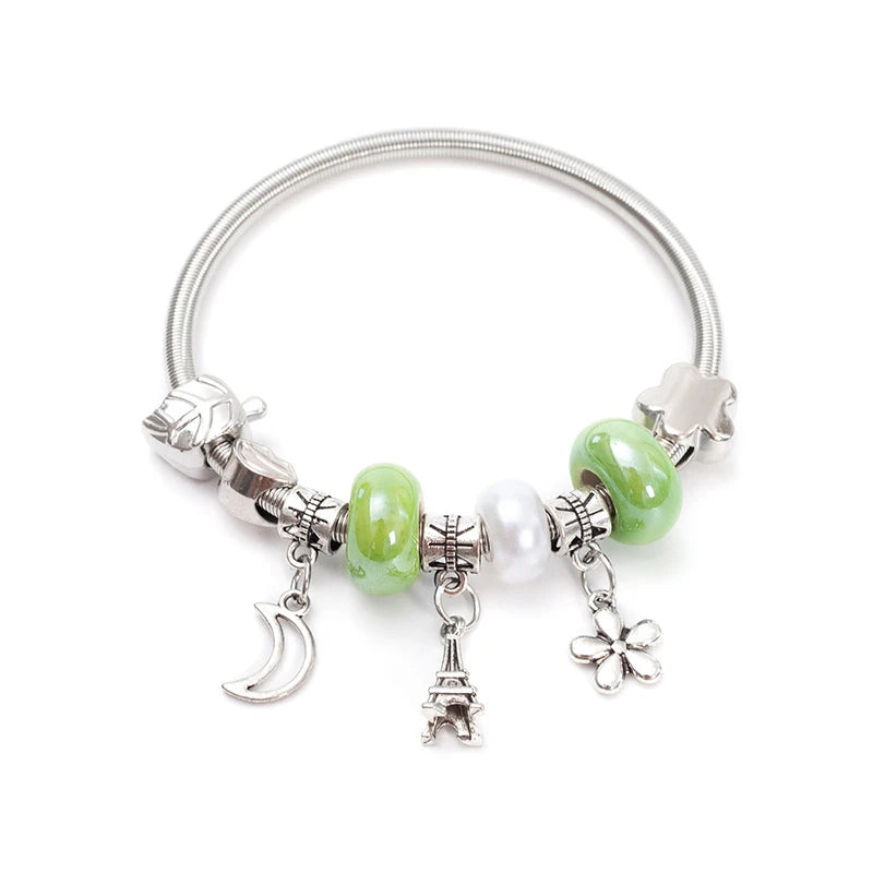 Fashion Simple Pandora Glazed Gem Beads Key Lock Love Hanging Bracelet Light Luxury Vintage Bangle For Women Jewelry Gift