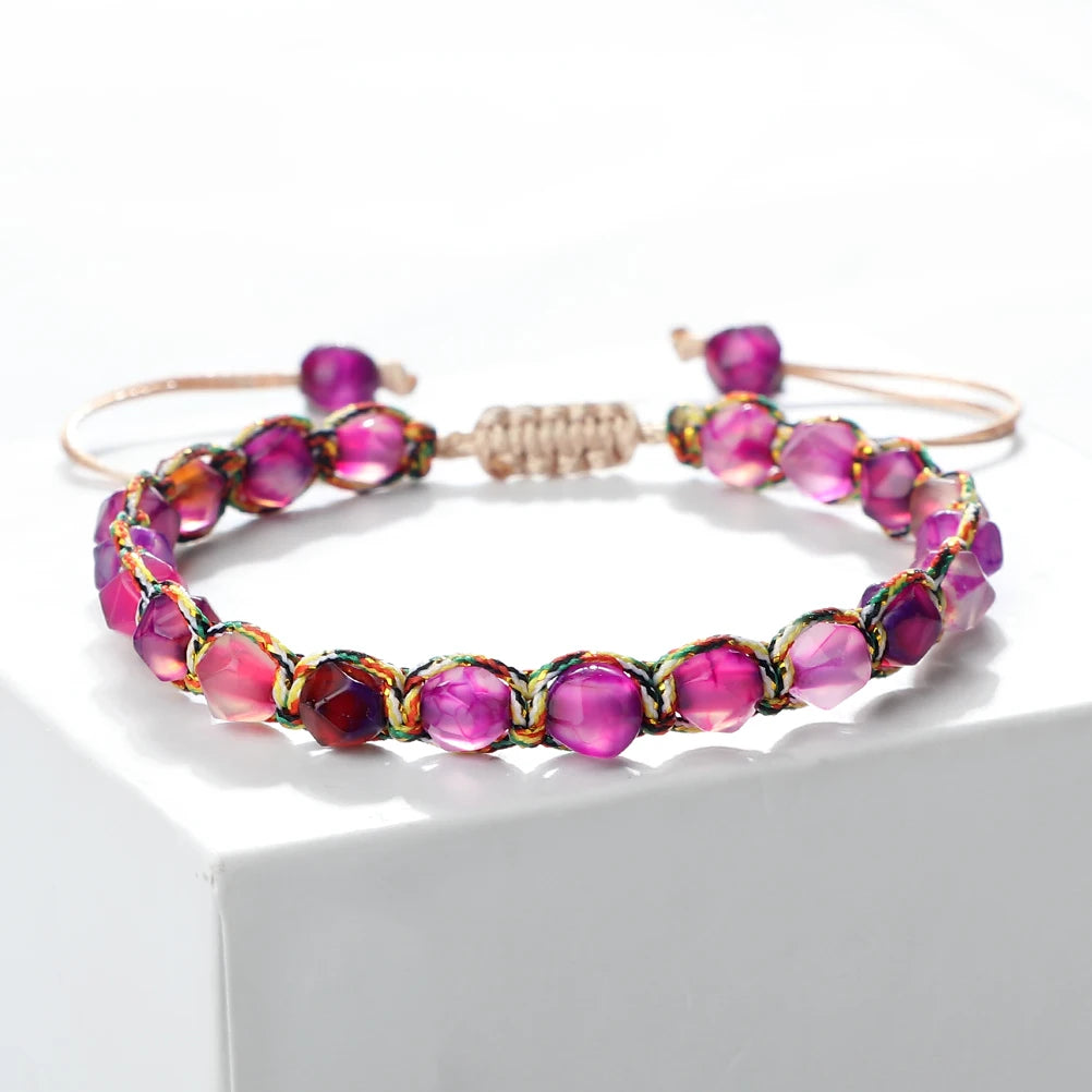 Fashion 6mm Cut Surface Natural Agate Tiger Eye Stone Bracelets Handmade Colorful Nylon Rope Braided Bracelet Jewelrys Women Men