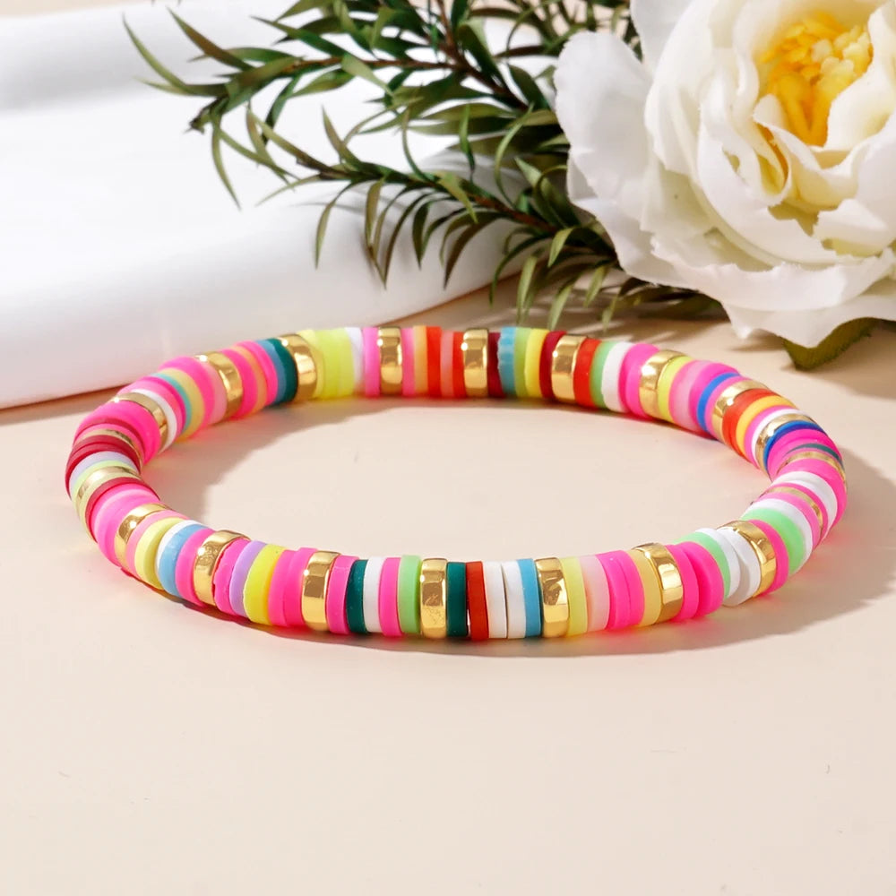 Hemasa Multi Colour  Polymer Clay  Beads Bracelet  with Gold  Disc for Women