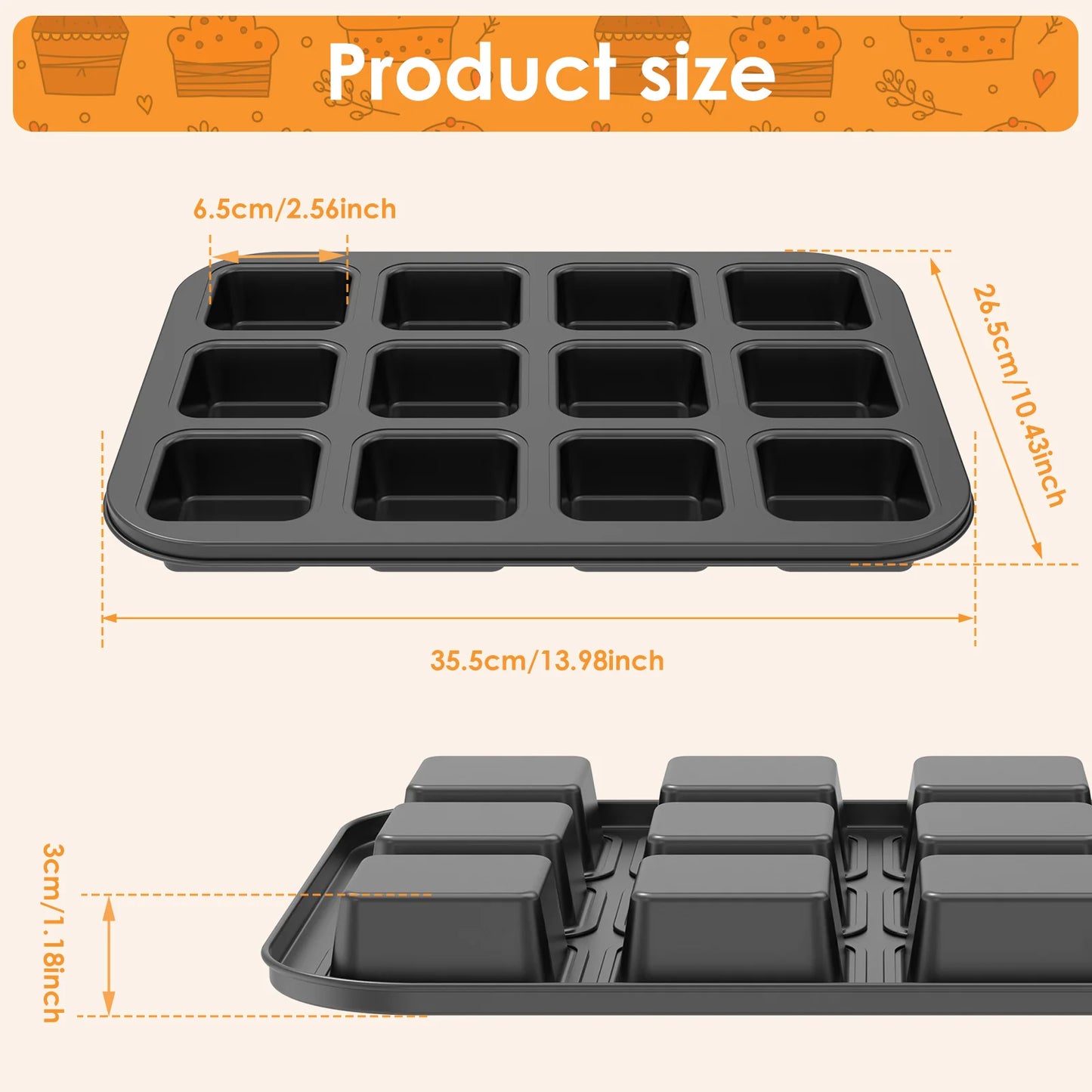 Tejesa 12 Cavity Square Muffin Tin Tray Non-Stick Mini Muffin Baking Pan Multipurpose Sturdy Square Muffin Tin Tray Bakeware Mold