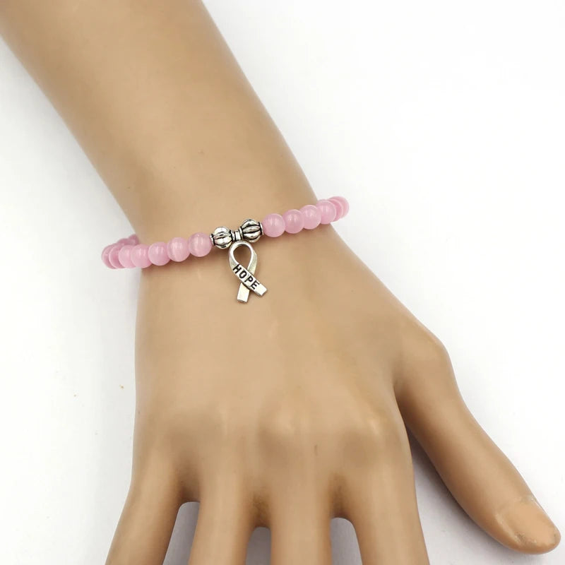 Breast Cancer Jewelry Moonstone Cat Eye Beaded Bracelet Cancer Hope Charm Bracelets Pink Yellow Orange Blue Bangles Pulsera