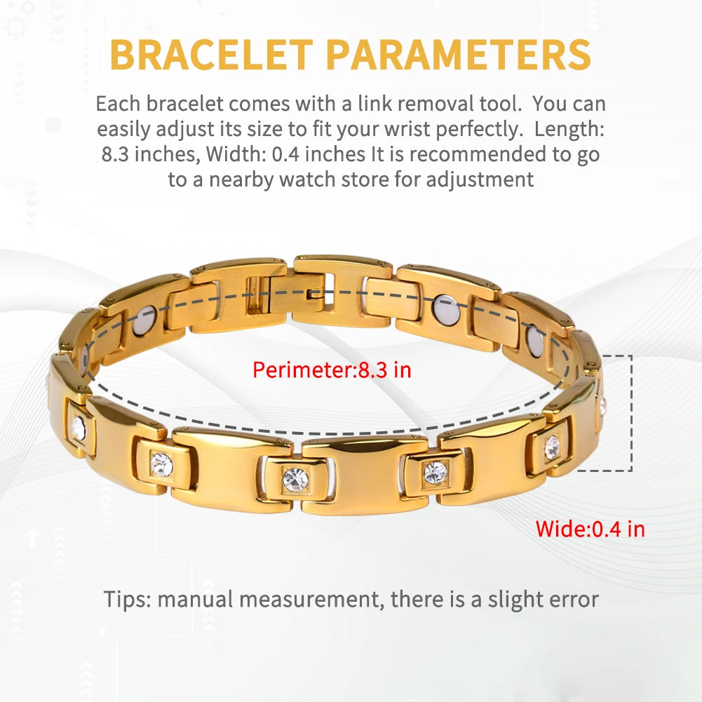 Hemasa  10mm Width Stainless Steel  Gold-Color Magnetic Health Charm Bracelet For Women