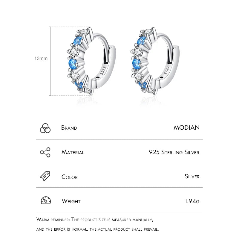 Modian Real 925 Sterling Silver Sparkling Blue Zirconia Ear Buckles Fashion Hoop Earrings Original Design For Women Fine Jewelry