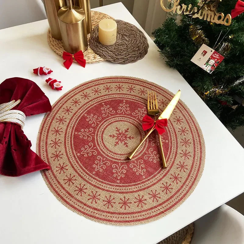 Christmas Retro Jute Placemat Round Printed Woven Dining Table Mat with Wool Ball Heat-Resistant Home Decorative Coffee Cup Mats