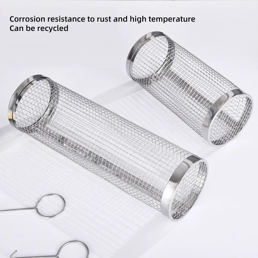 Tejesa BBQ Basket Stainless Steel Rolling Grilling Basket Wire Mesh Cylinder Cylindrical Portable Round Outdoor Camping Barbecue Rack