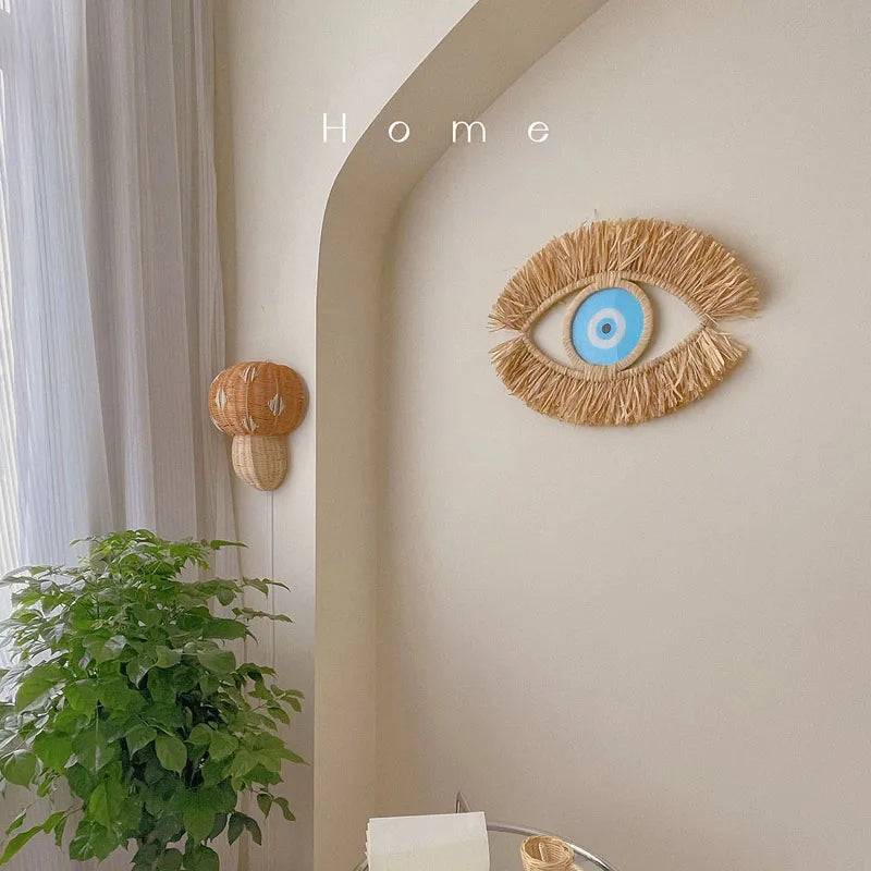 Moroccan Handwoven Devil's Eye Wall Decor Wood Beads Straw Woven Living Room Sofa Background Entryway Wall Hanging Decoration