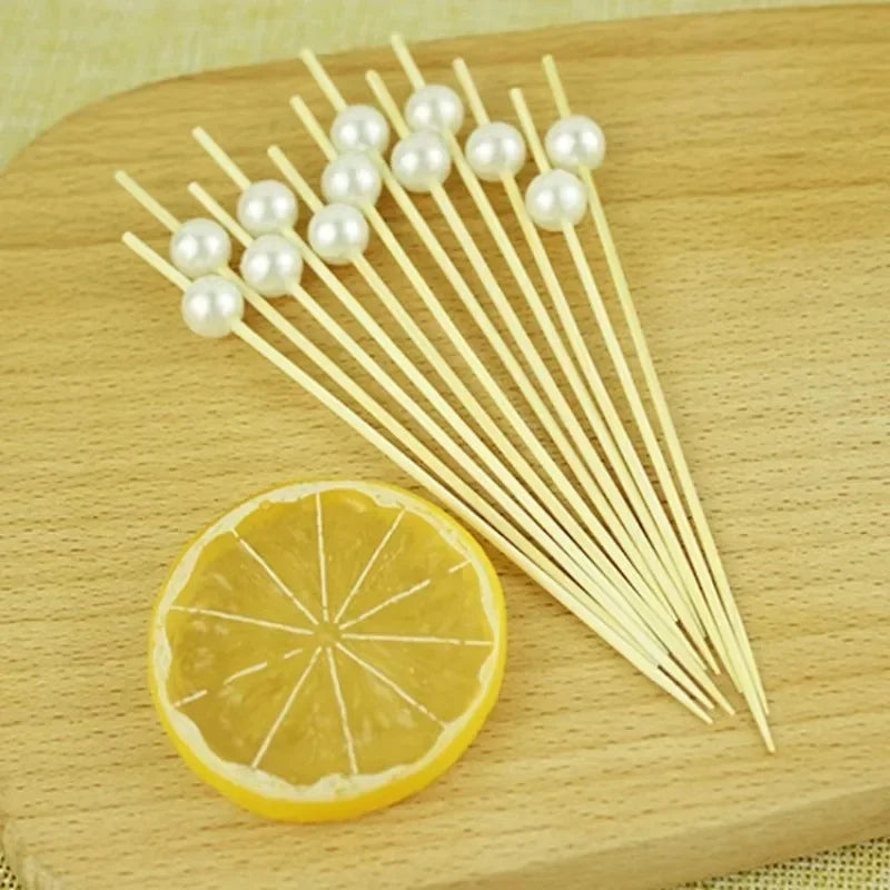 Tejesa 200PCS Gold Silvery White Pearl Bamboo Skewers Fruit Pearl Bamboo Skewers Party Cake Dessert Cocktail Food Buffet Toothpick
