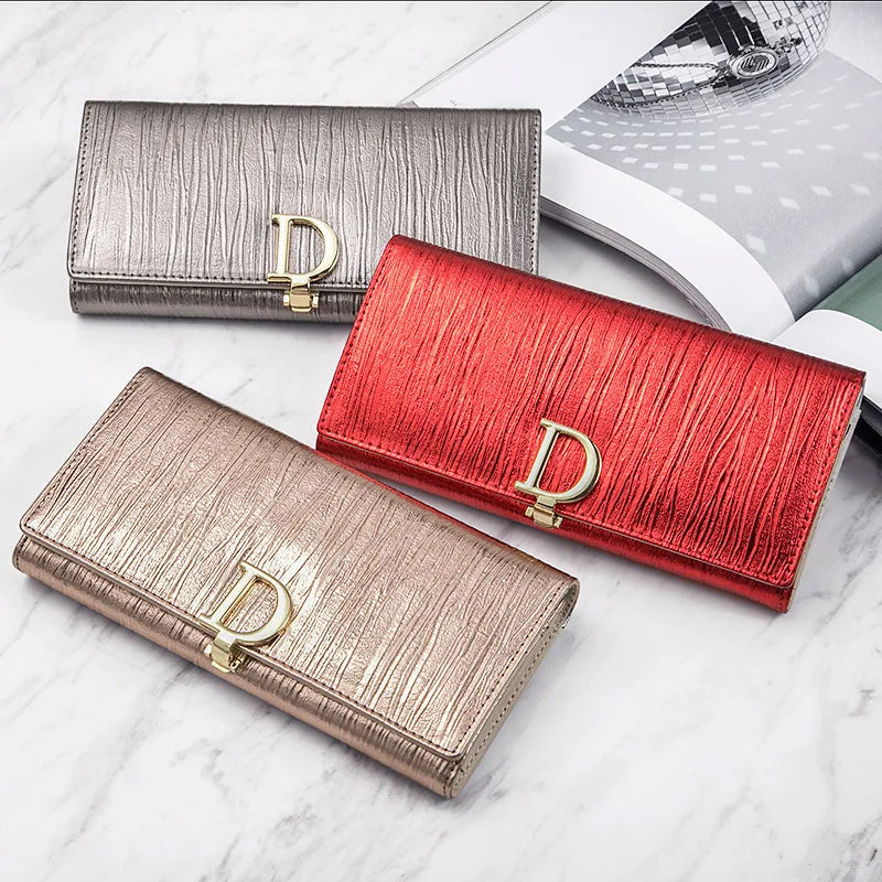 Tejesa Ladies Long Leather Wallet, Leather Phone Purse, Card Holder with Stripe Design, Women's Cartera Style (Gold)