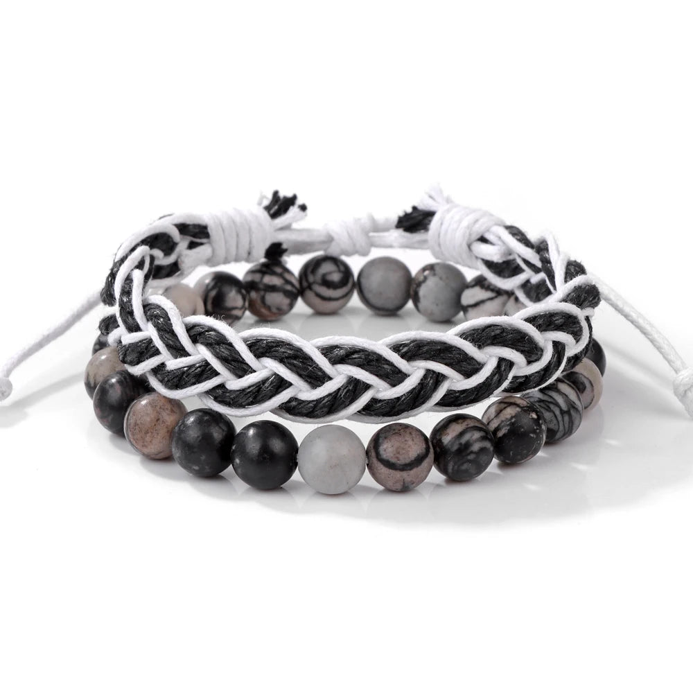 Tejesa 2pcs/set Boho Handmade Braided Rope Bracelet Natural Stone Lava Volcanic Beads Charm Bracelets Set Jewelry for Men Women Gift