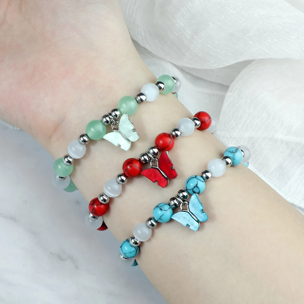 Bohemia Acrylic Butterfly Bracelets For Women 8mm Opal Cat Eye Beads Stretch Bracelets Female Wrist Jewelry Valentine's Day Gift