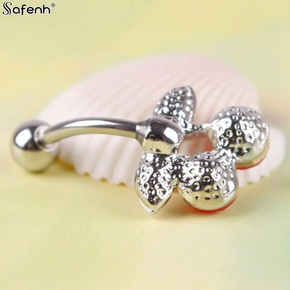 2Syles New Stainless Steel Rhinestone Red Cherry Navel Barbell Belly Button Ring Body Piercing