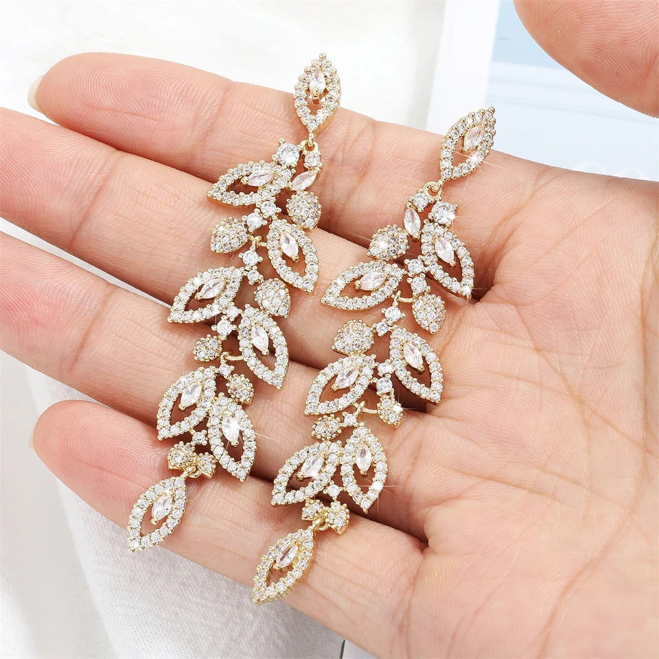 Hemasa Luxury Shiny Zircon Polish Bridal Wedding Dange Earrings Elegant Marquise Leaf AAA CZ Long Drop Earring Party Jewelry