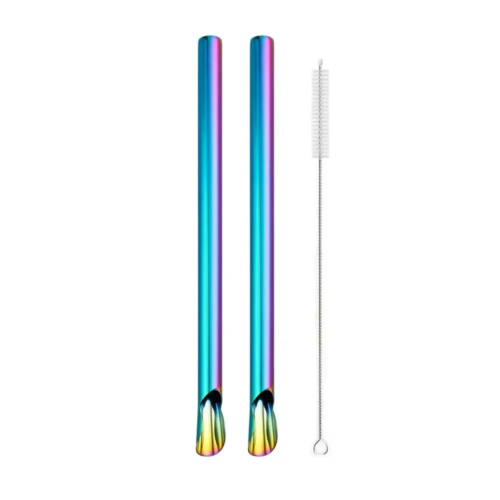 Hemasa 2Pcs  Stainless Steel Reusable Spoon Drinking Straw  Stirring Spoon with Brush Set
