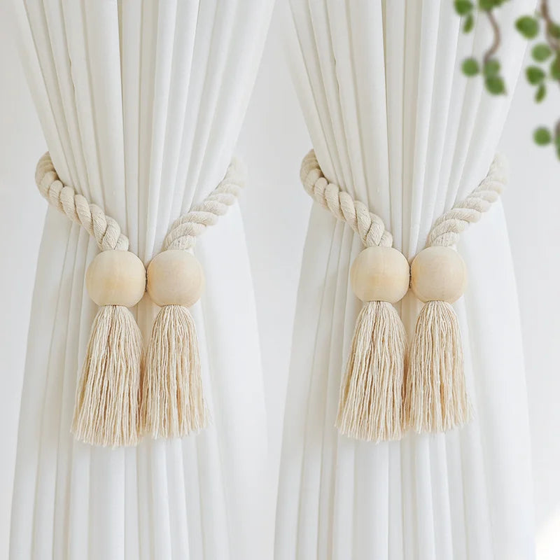 2pcs Magnetic Wood Beaded Curtain Strap Curtain Buckle Clips Holdbacks Curtain Tie for Living Room Bedroom Home Decoration