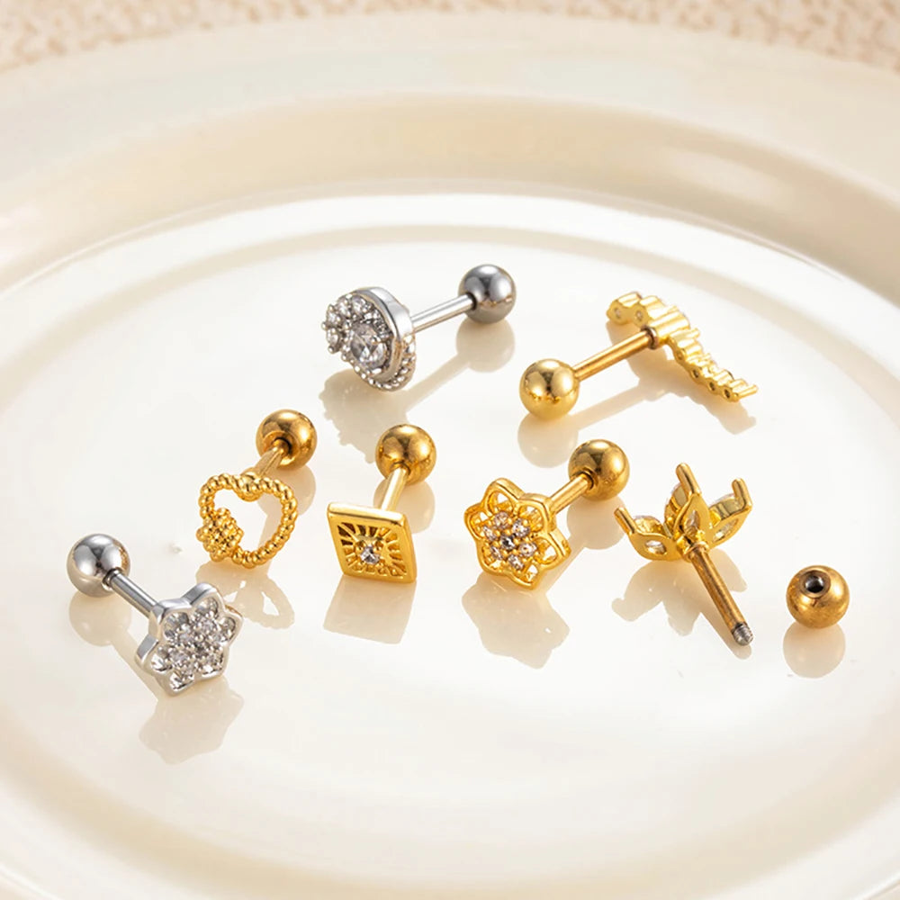 Tejesa  Gold Color  Stainless Steel Copper  Rhinestone Triangle Lotus Zirconia Stud Earrings For Women