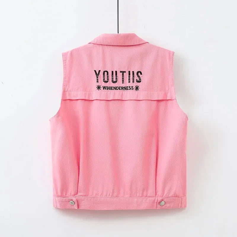 Hemasa New Colored Denim Vest Women Short Slim Embroidered Sleeveless Jacket Cardigan Tops Spring Pink Jeans Vest Female Waistcoat