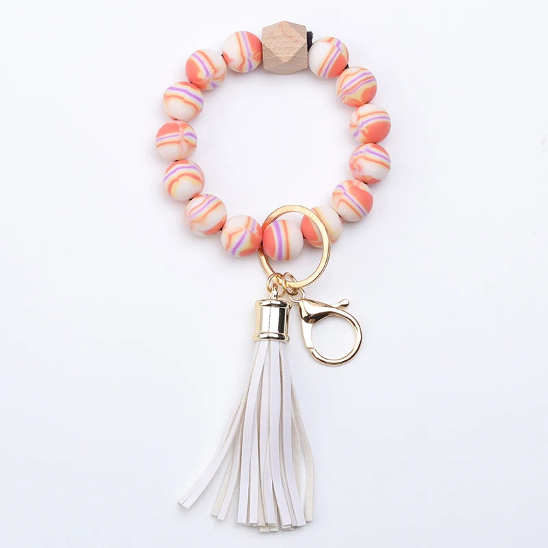 Hemasa  Silicone Bead Bracelet Tassel Keychain Colorful Stripes  Bead  Bag Key Pendant Gifts