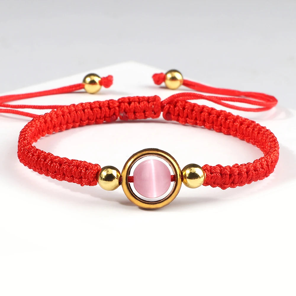 Pink Cat Eye Stone Beads Braided Bracelet For Women Red Thread String Bracelet Men Lucky Handmade Weave Rope Bangle Jewelry Gift