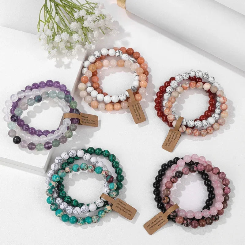 3PCS Natural Stone Bracelet Pink Quartz Citrine Amethyst Turquoise Round Gravel Shape Piece Bead Bracelet Set For Men And Women