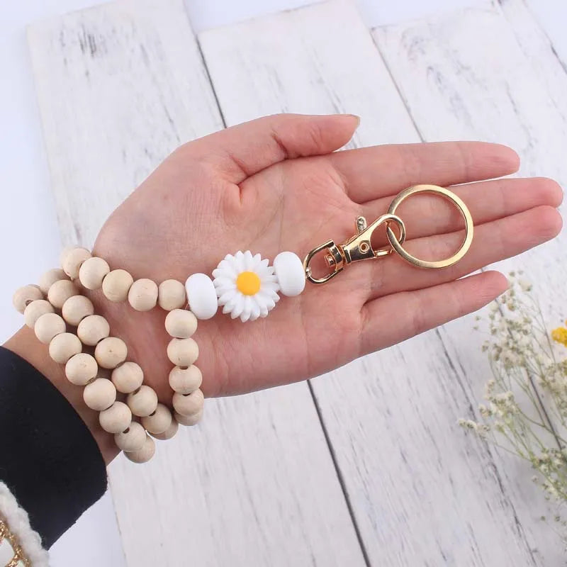 Hemasa  Wooden Beads  Daisy  Flower  Silicone Keychain