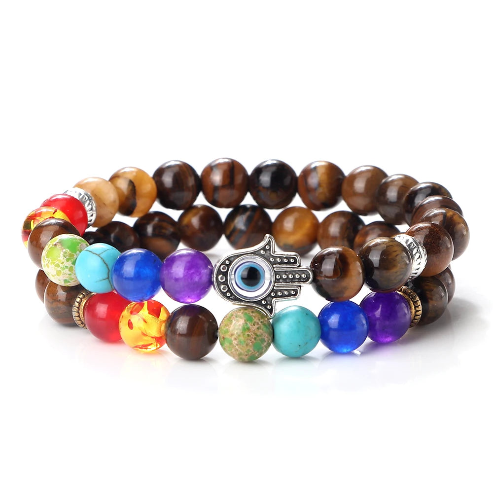 Hemasa 2pcs 7 Chakra Beaded Bracelets Set Natural Tiger Eye Stone Black Lava Rock Lucky Evil Eye Bangles Couple Distance Yoga Jewelry