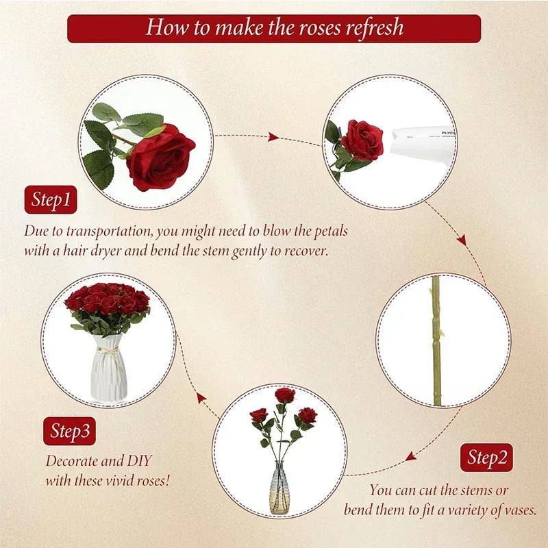 Tejesa 50 Pcs Velvet Rose Artificial Rose Flowers Real Touch Fake Roses Florals for Valentine's DIY Wedding Bouquet Party Home Decor