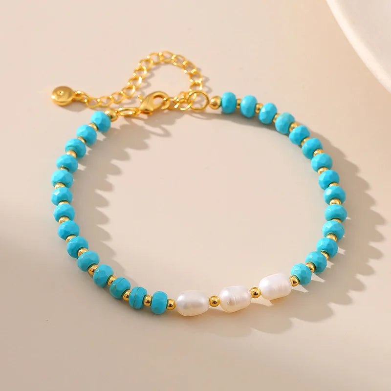 Fashion Blue Turquoise Bracelets Handmade Natural Stone with Gold Plated Beaded Bracelet for Men Women Vintage Jewelry Gift