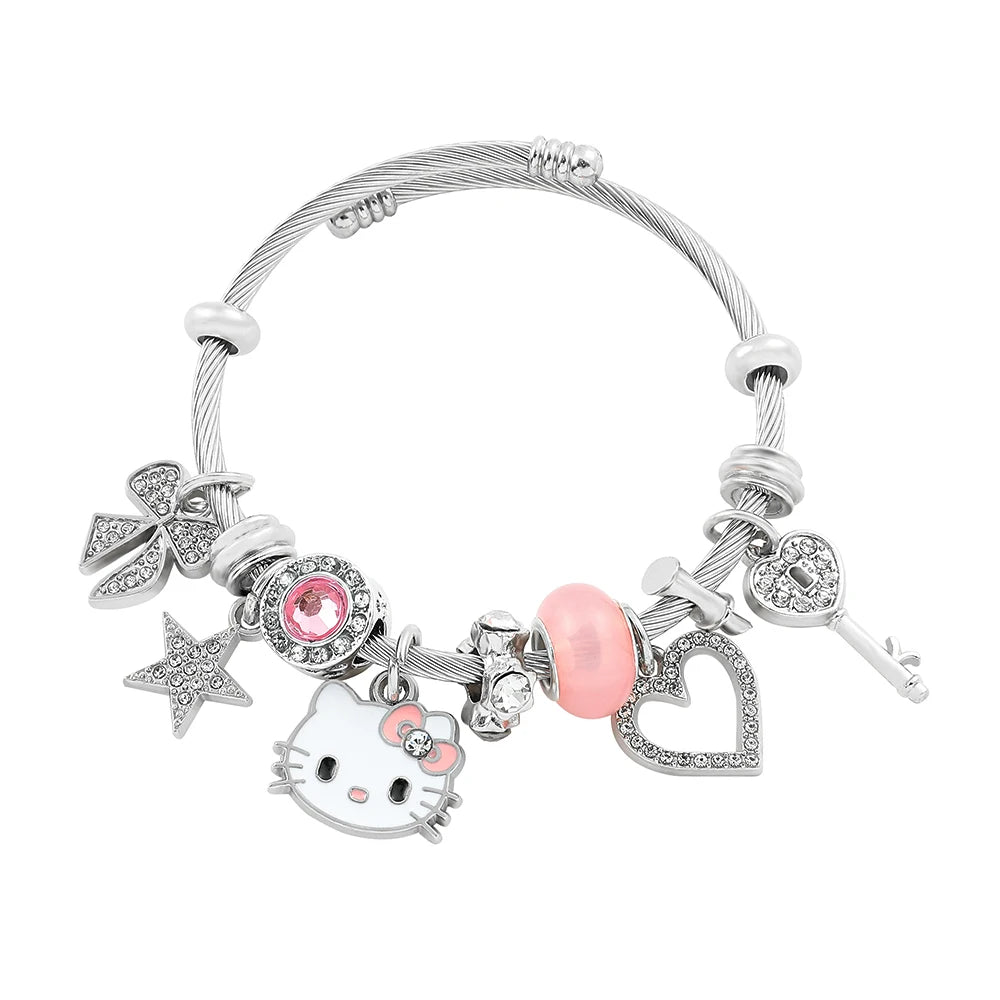 Sanrio Cartoon Charms Bracelets Kawaii Hello Kitty Beads Pendant Hand Chains Cute Bangle Jewelry Accessories Gifts for Girls