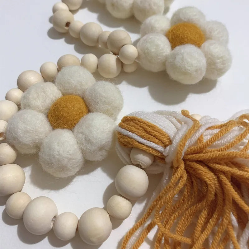 INS Wool Felt Flower Wooden Beads Garland Tassel String Bohemian Baby Kids Room Wall Hanging Ornaments Nursery Decor Photo Props