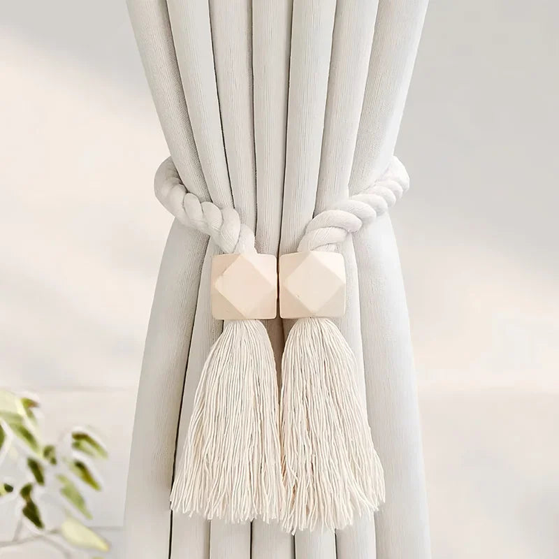 2 Pieces Magnetic Curtain Tie-backs Boho Style Hand-woven Solid Wood Room Accessories Clip Holder Elegant Curtains Home Decor