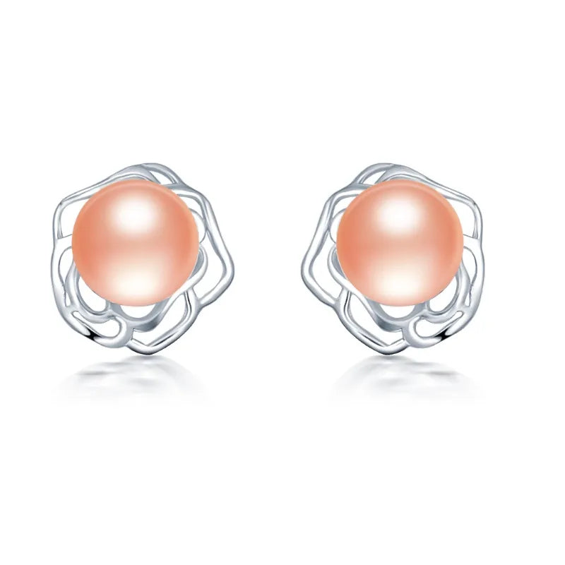 YWYC Peony Flower Retro Style Stud Earrings for Women 8-9mm Natural Freshwater Pearl Earrings Jewelry 2025 Trend
