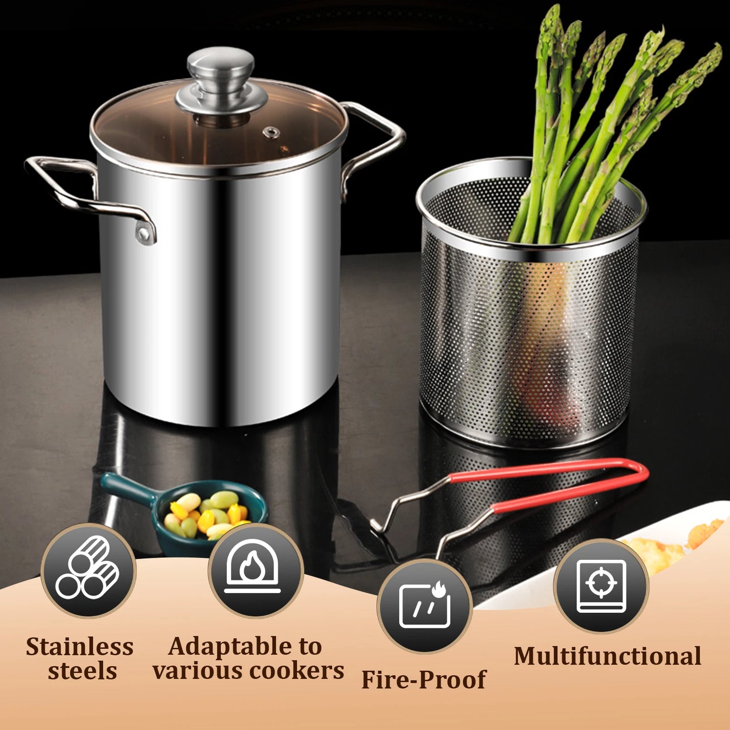 Tejesa Deep Fryer Pot Stainless Steel Fry Pot With Strainer and Lid Kitchen French Fries Chicken Cooking Tools Steaming Pot Fryer Pan
