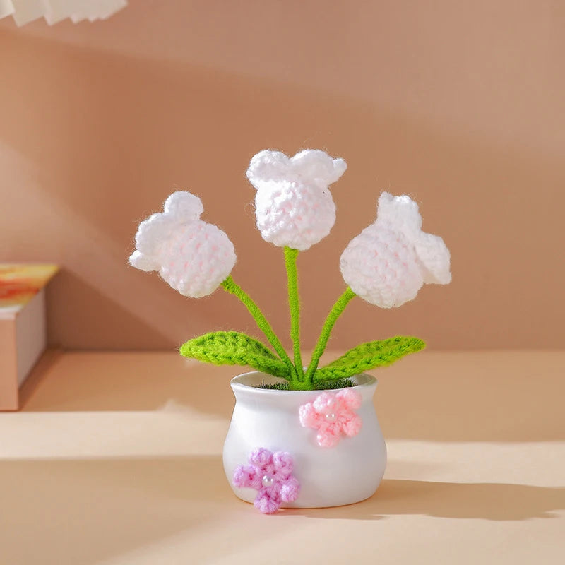 Hemasa Kintted Flower Potted Mini Artificial Flowers/Plant Hand Woven Crochet Tulips Flowers