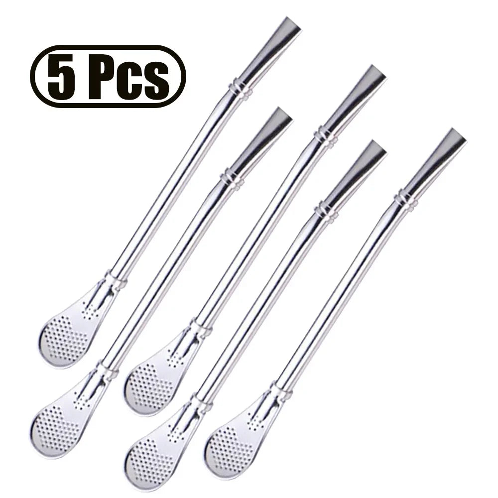 1-10Pcs 304 Stainless Steel Drinking Straw Spoon Tea Filter Reusable Bombilla Gourd Cocktail Straw Spoon Coffee Bar Accessory