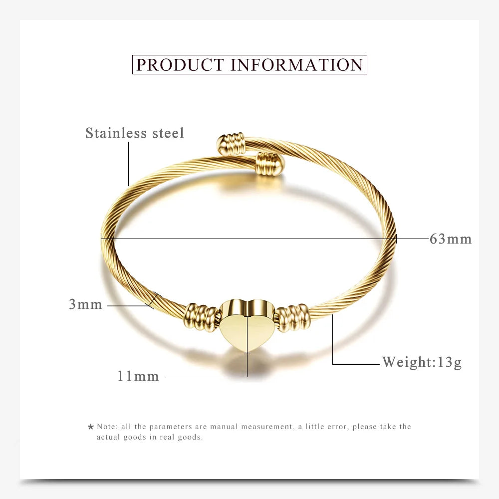 Hemasa  Stainless Steel Cable Heart Bracelet Bangle For Women