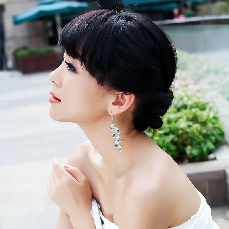 Luxury Silver Color Metal Inlaid Water Droplet Stone Hook Earrings 2023 Fashion Long Geometry Tassels Dangle Earrings for Women
