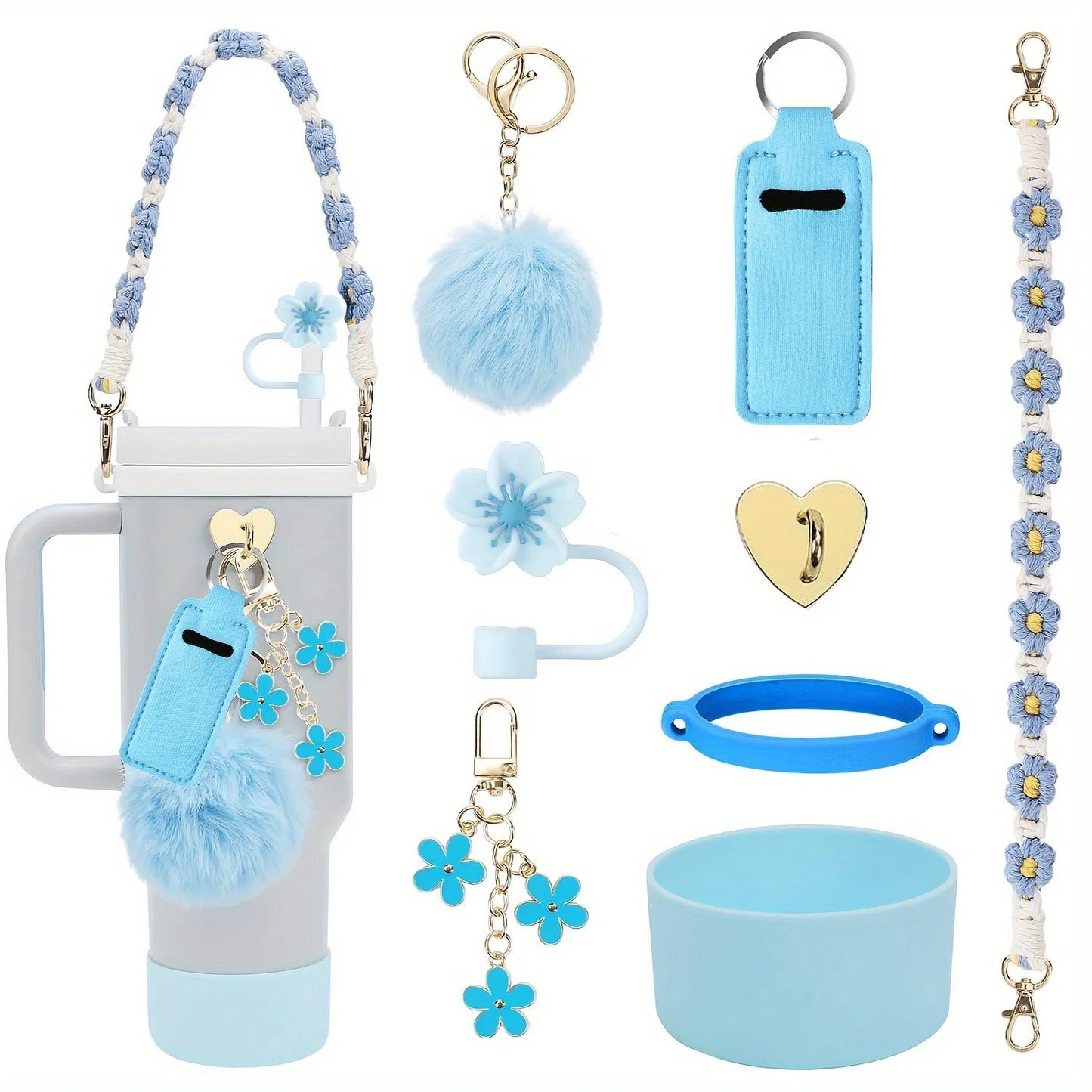 Hemasa 8PCS Cup Accessories, Set includes Water Bottle Handle Strap, Siliocne Boots, Lipstick Sleeve Pouch Straw Cap Cover for Stanley