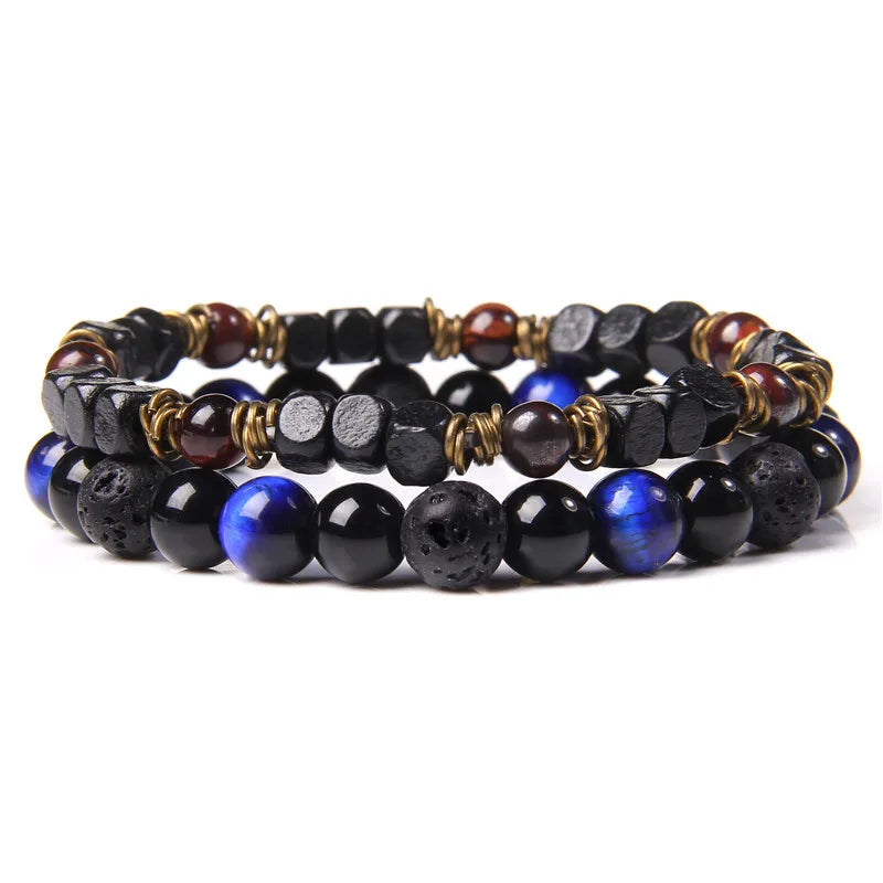 2pcs/set Beaded Bracelet Natural Stone Tiger Eye Hematite Beads Bracelet Men Energy Elastic Rope Bracelet Jewelry Couples Gifts