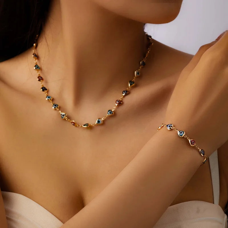 Elegant Colorful Love Heart Shape Lucky Turkey Evil Eye Bracelet For Women Men Cherry Flower Zircon Metal Chain Bangles Jewelry
