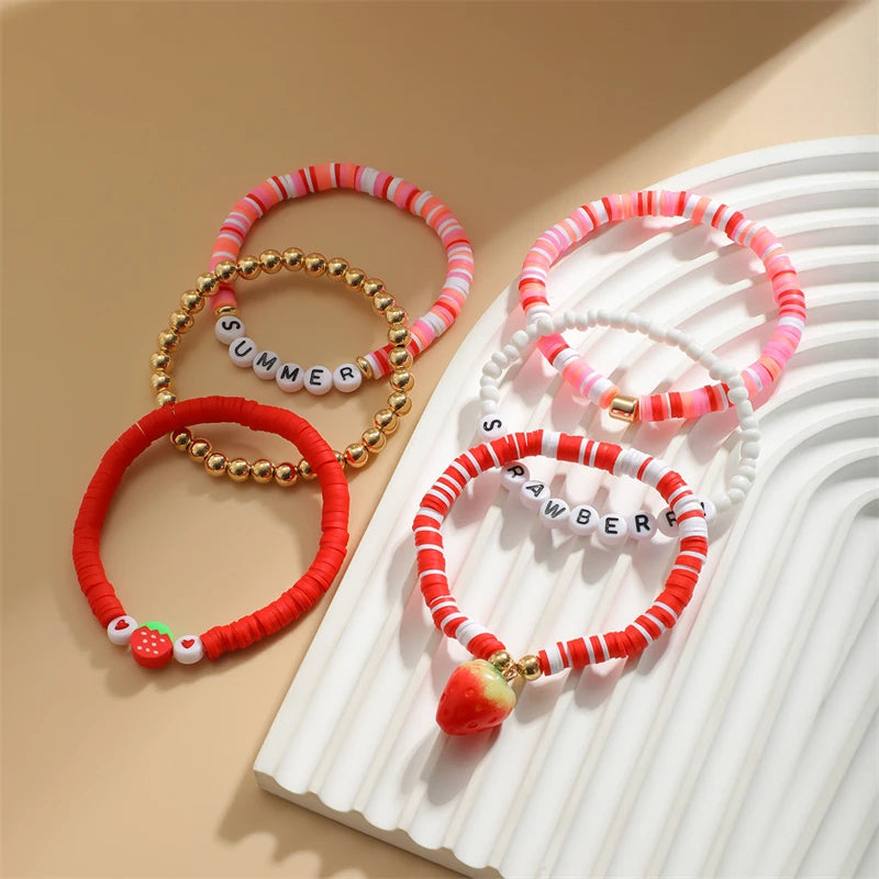 Hemasa Sweet Strawberry Pendant with Polymer clay   Beads Adjustable  Bracelets Set for Women
