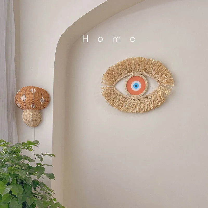 Moroccan Handwoven Devil's Eye Wall Decor Wood Beads Straw Woven Living Room Sofa Background Entryway Wall Hanging Decoration
