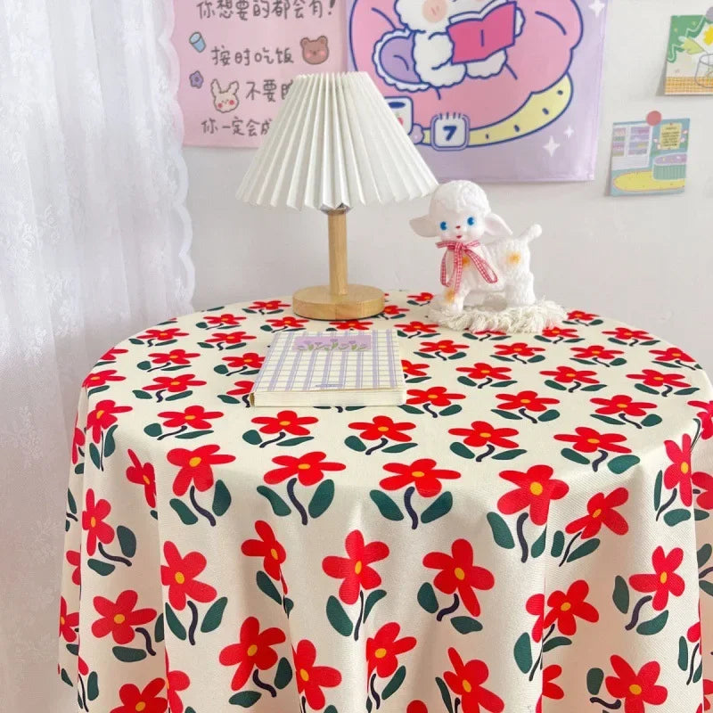 Korean Style Round Lattice Flower Tablecloth Floral Table Cloth for Dining Table Tea Coffee Table Cover Picnic Kitchen Decor