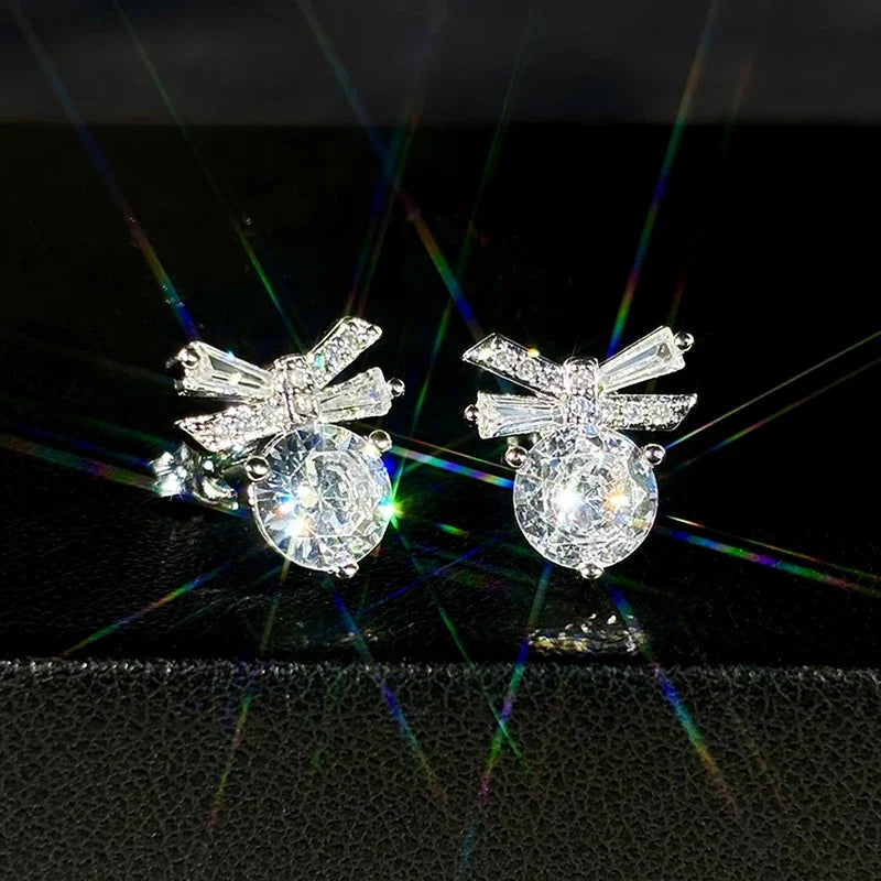 Huitan Chic Shining Zirconia Stud Earrings for Women Delicate Bowknot Accessories for Engagement Graceful Lady Daily Jewelry