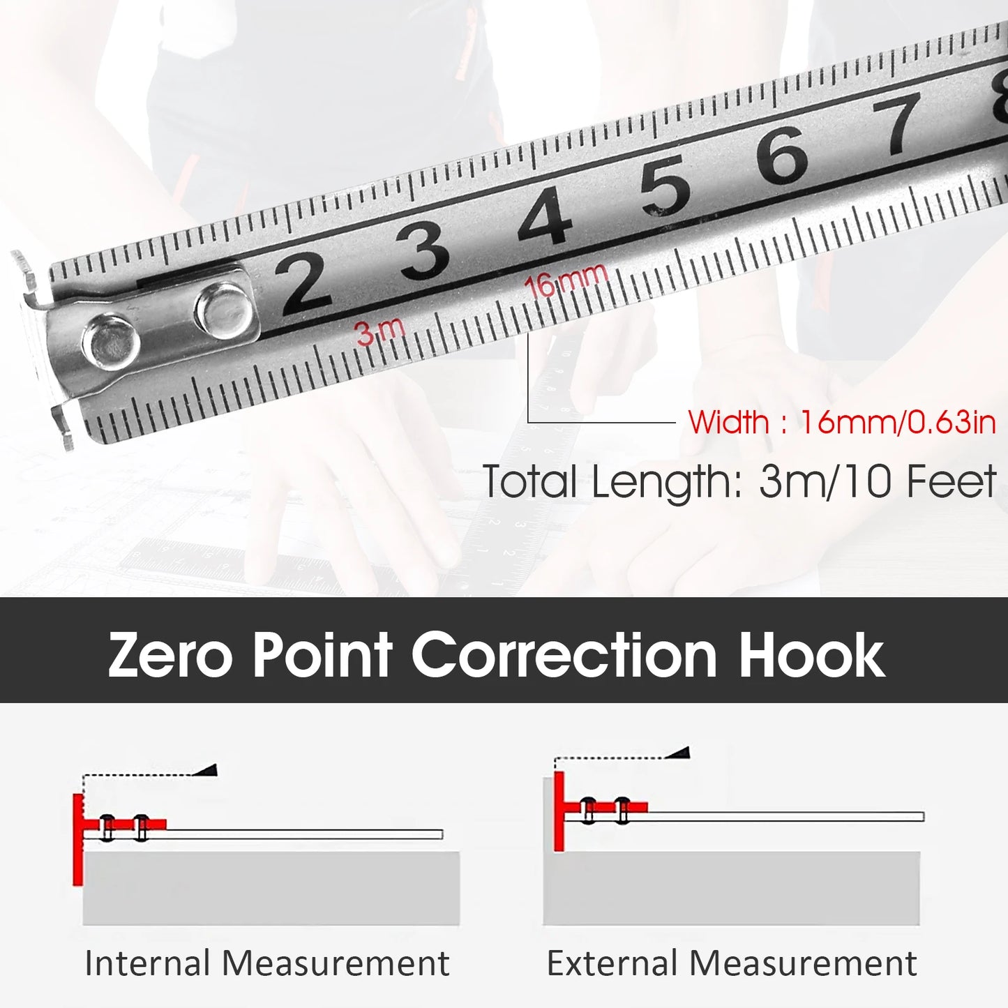 Tejesa 9.8FT Retractable Tape Stainless Steel Measuring Tape Waterproof Woodworking Measure Ruler for Household Agricultural Industrial