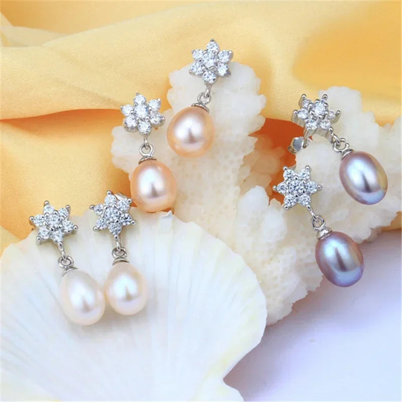 YWYC 8-9mm Natural Freshwater Pearl Earrings Jewelry Gift Hexagram Star 925 Sterling Silver Zircon Drop Earrings for Women