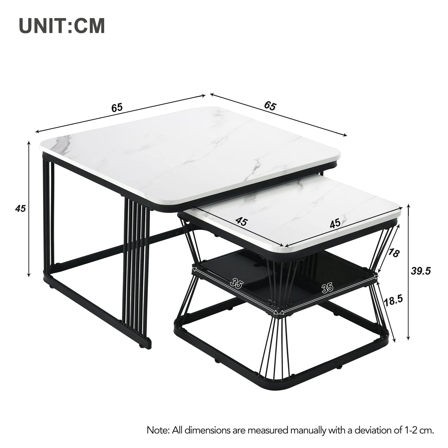 Set of 2 Nesting Tables with Black Metal Frame and Marble Pattern Top, Square Coffee Table Set for Living Room Home