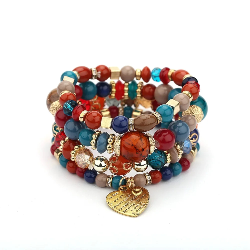 4Pcs Boho Crystal Beads Chain Bracelet Set For Women Vintage Heart Charm Elastic Bangle Female Fashion Party Jewelry